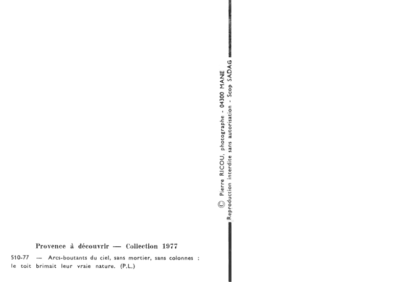 Bergerie  arcs-diaphragmes. Carte postale de Pierre Ricou, 1977, verso.
