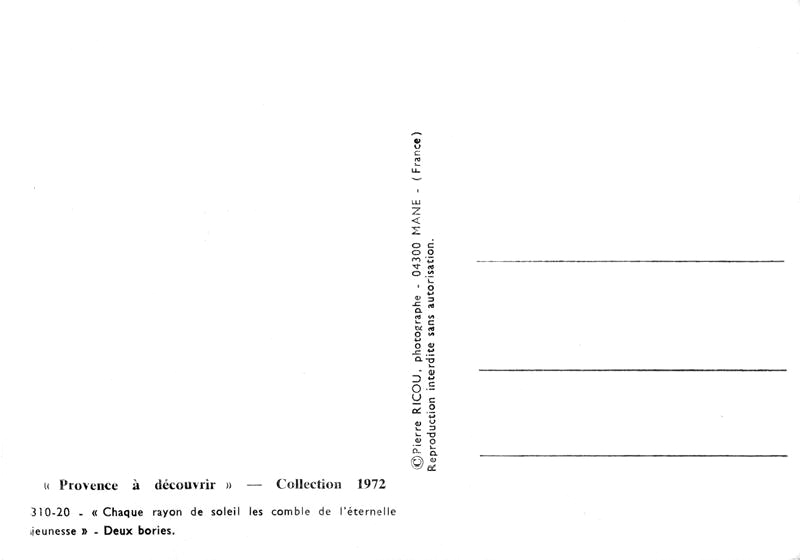  Deux bories . Carte postale de Pierre Ricou, 1972, verso.